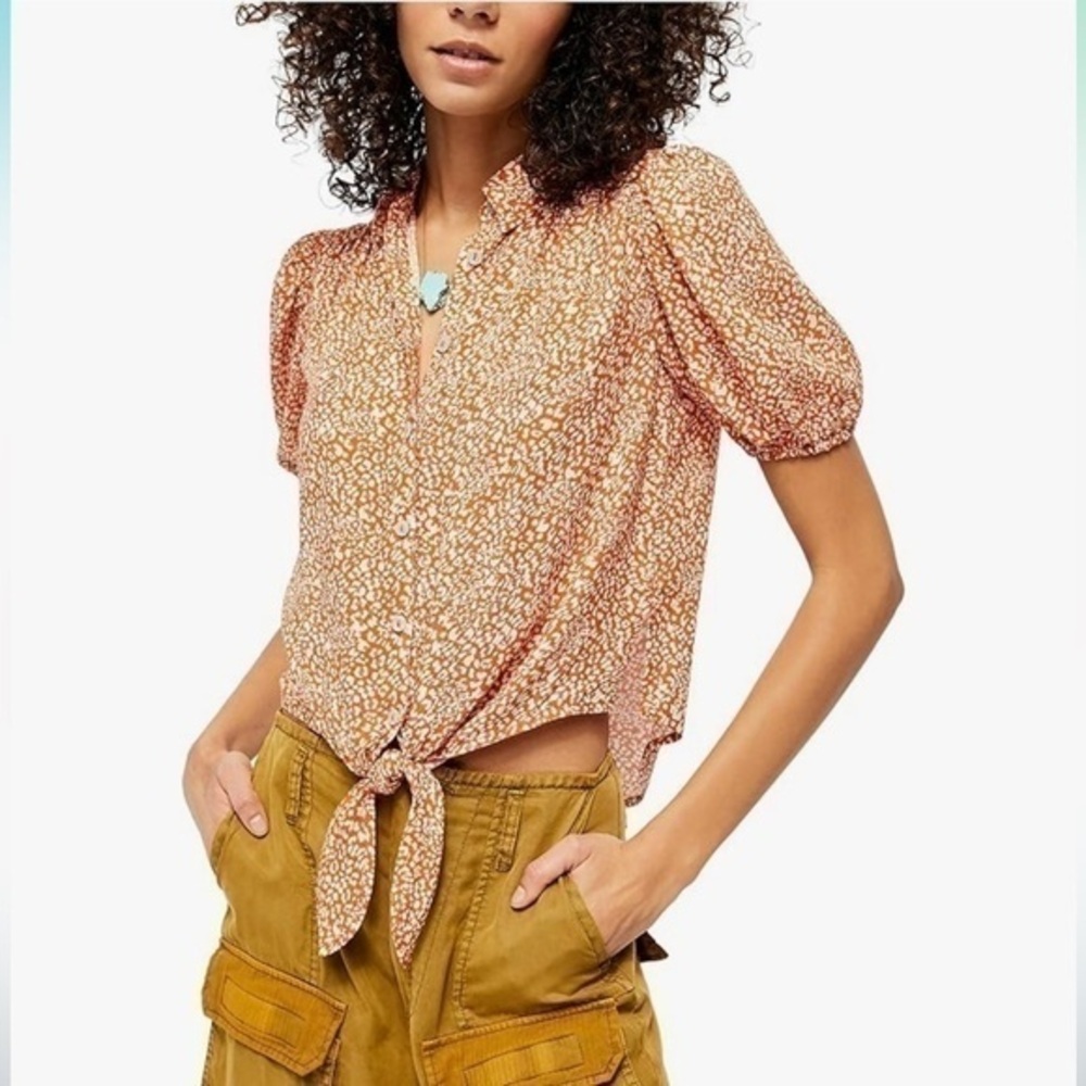 Free People Celia Printed Tie-front Blouse In Rust Combo SZ XS